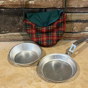 Vintage Girl Scouts Mess Kit Plaid Bag with Frying Pan and Bowl